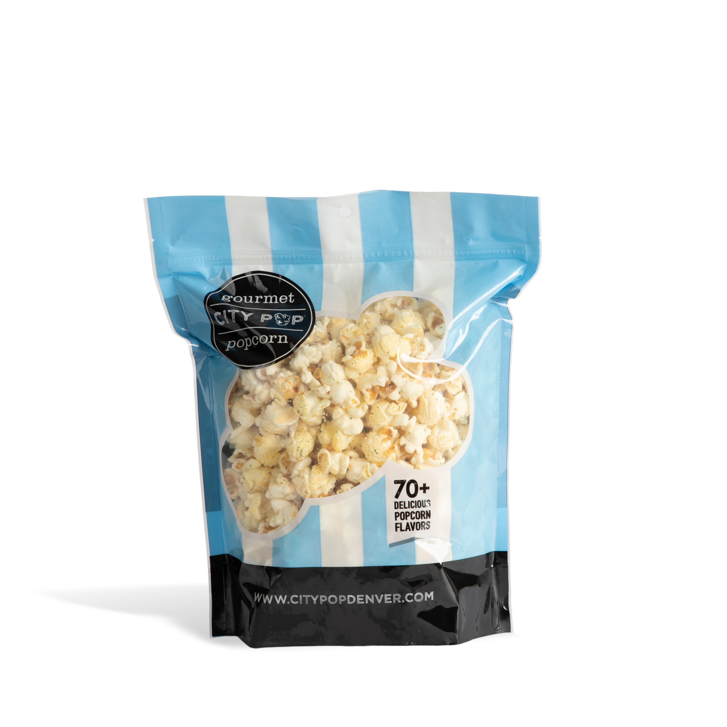 Bag of City Pop Sour Scream and Onion popcorn with blue and white striped design on a white background