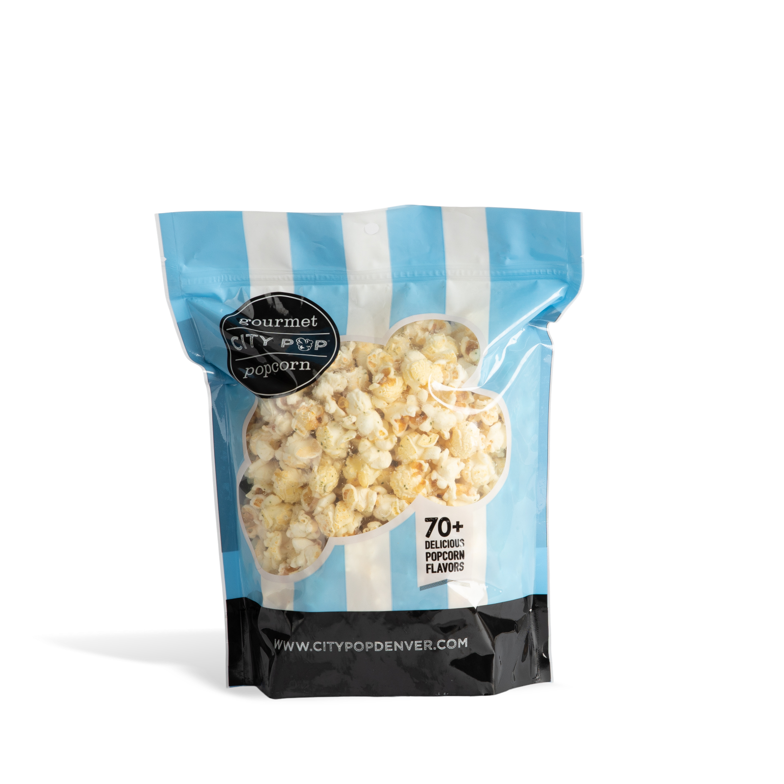 Bag of City Pop Sour Scream and Onion popcorn with blue and white striped design on a white background