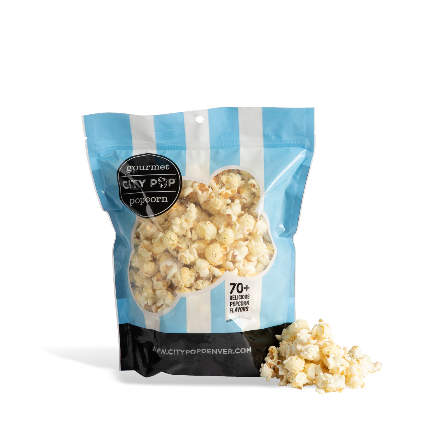 Bag of City Pop Sour Cream and Onion popcorn with visible branding on a white background