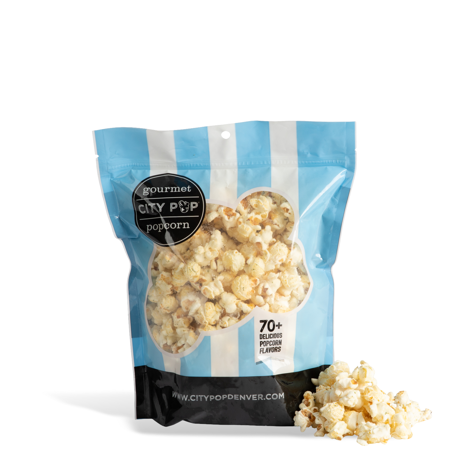 Bag of City Pop Sour Cream and Onion popcorn with visible branding on a white background