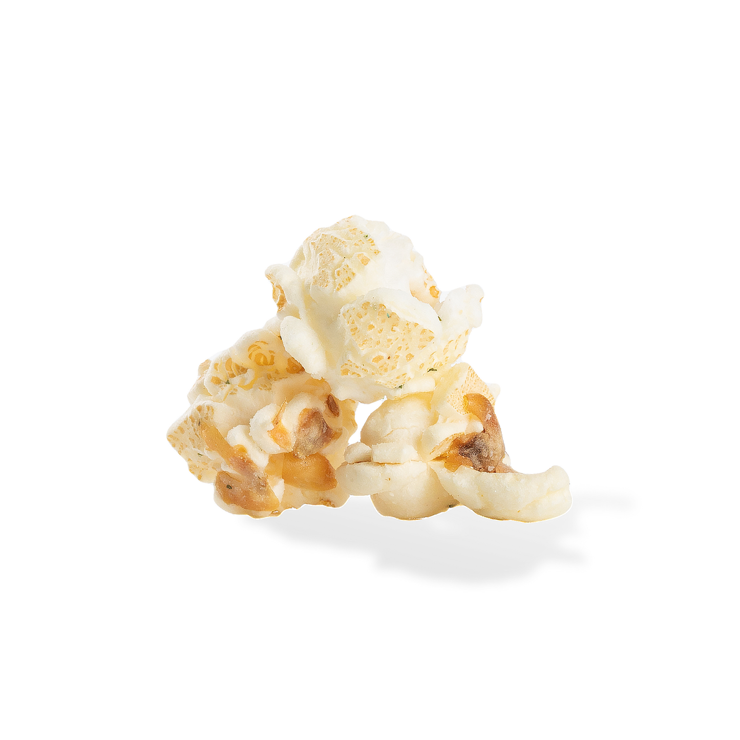 Three pieces of Sea Salt and Cracked Pepper popcorn on a white background