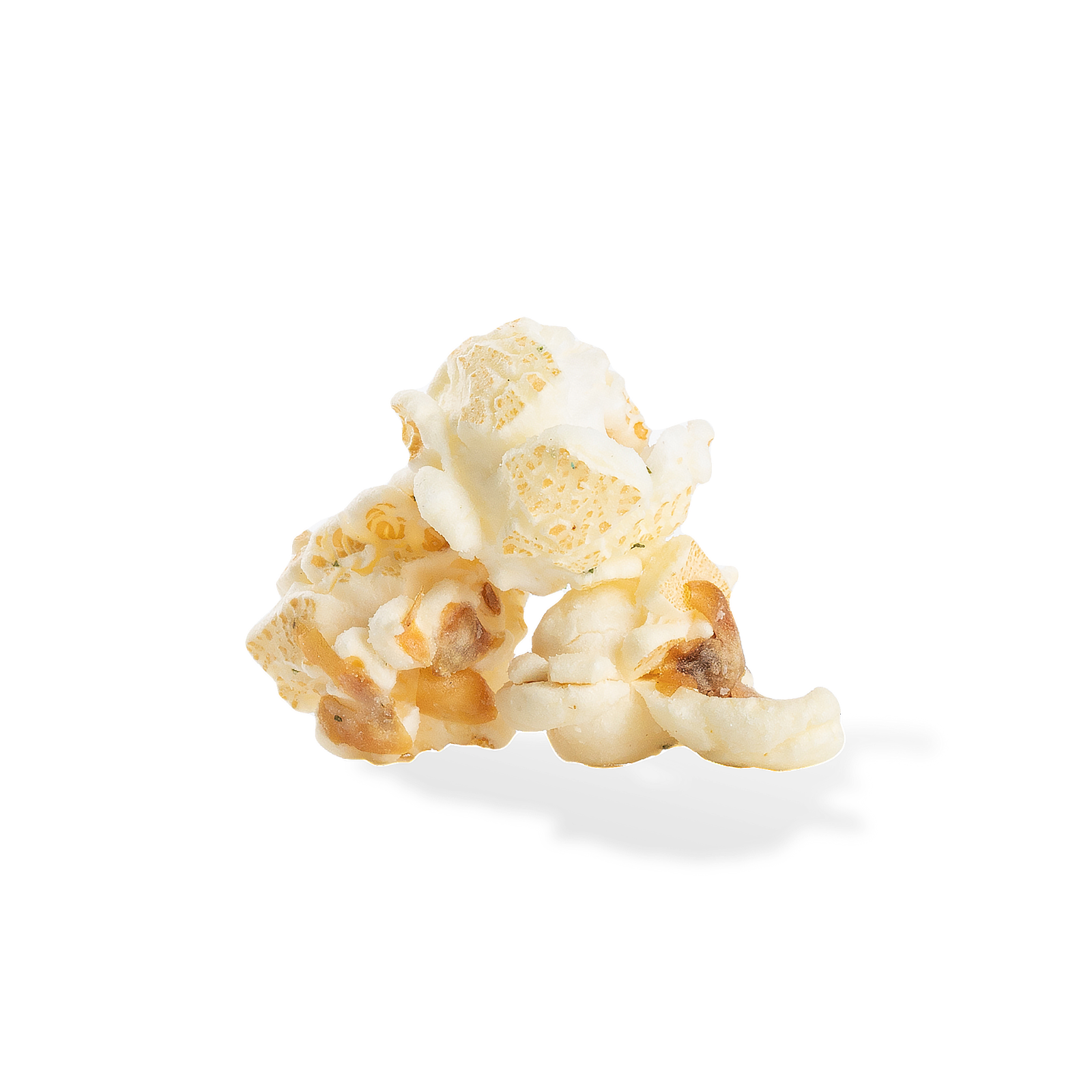 Three pieces of Sea Salt and Cracked Pepper popcorn on a white background