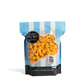 Bag of City Pop Spicy Buffalo popcorn with blue and white striped design on a white background