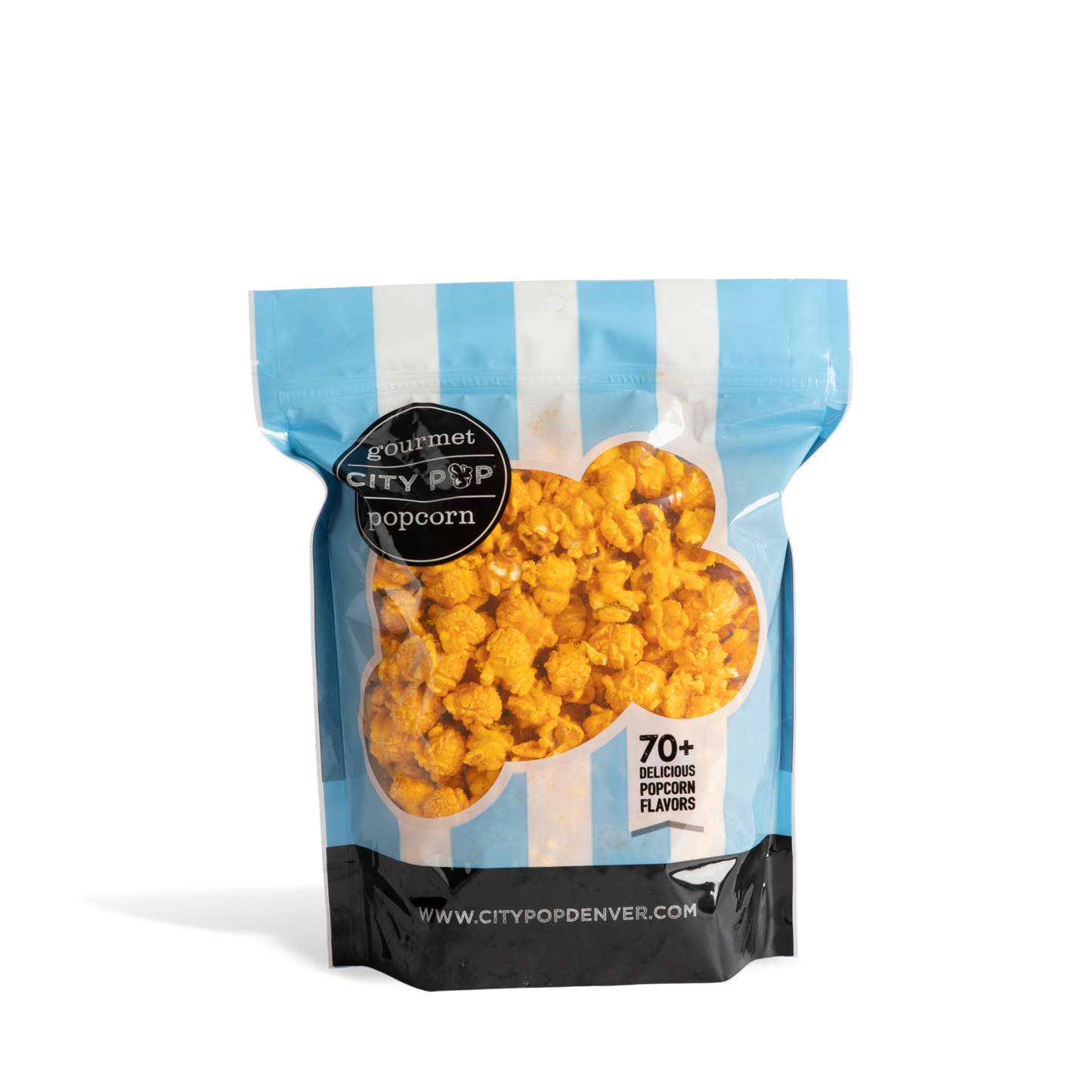 Bag of City Pop Spicy Buffalo popcorn with blue and white striped design on a white background