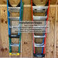 Installation guide for the stud-mounted step ladder organizer showing four steps: locate studs, position organizer, drive fasteners, and repeat for second rack, and add your ladder.