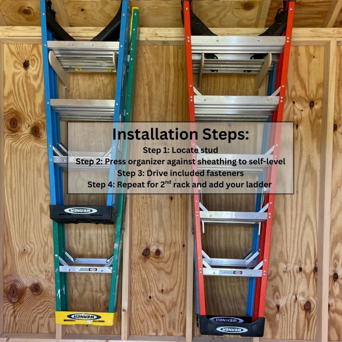Installation guide for the stud-mounted step ladder organizer showing four steps: locate studs, position organizer, drive fasteners, and repeat for second rack, and add your ladder.
