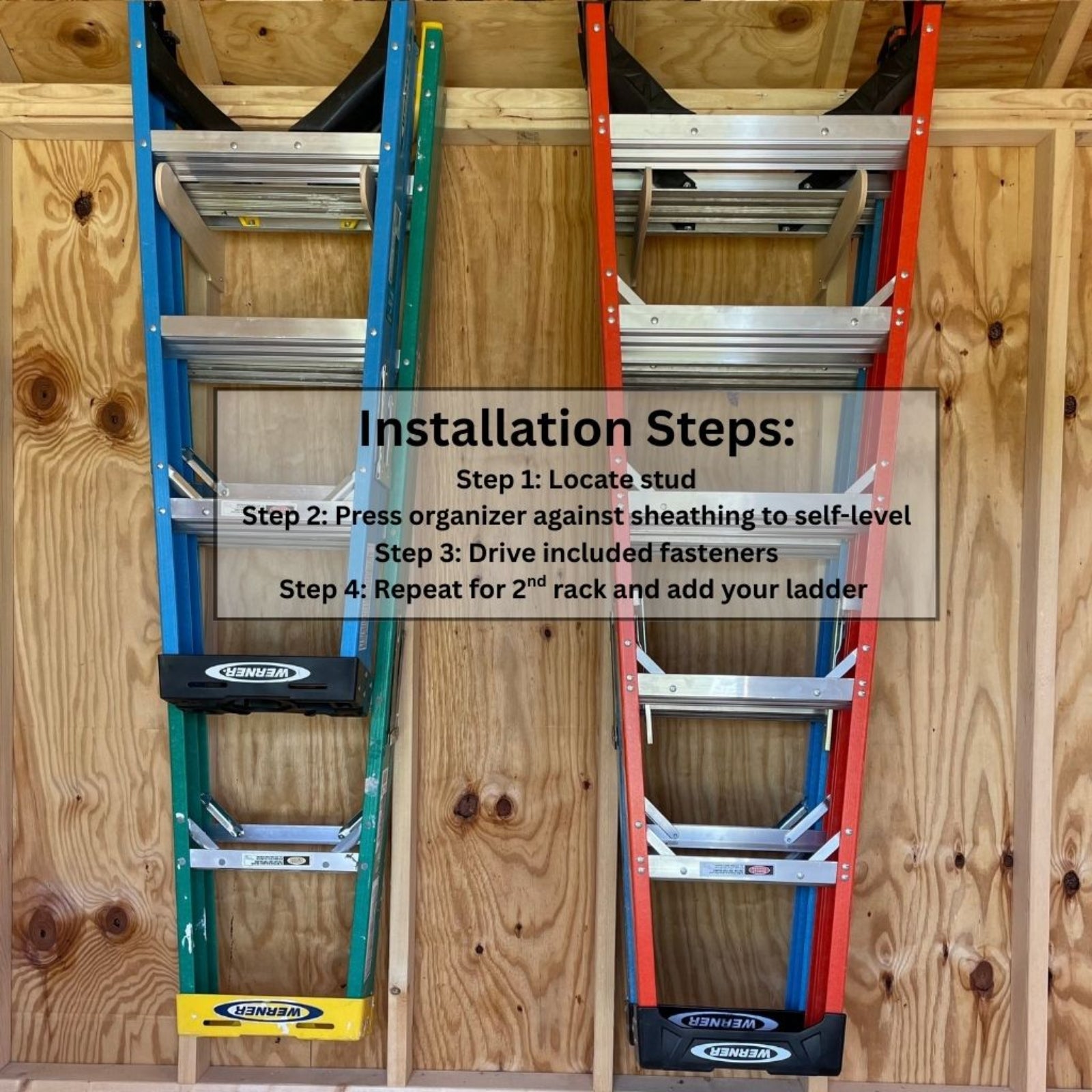 Installation guide for the stud-mounted step ladder organizer showing four steps: locate studs, position organizer, drive fasteners, and repeat for second rack, and add your ladder.