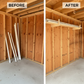 Before and after comparison showing PVC pipes leaning against the inside an unfinished shed versus neatly organized on the stud-mounted storage organizer rack.