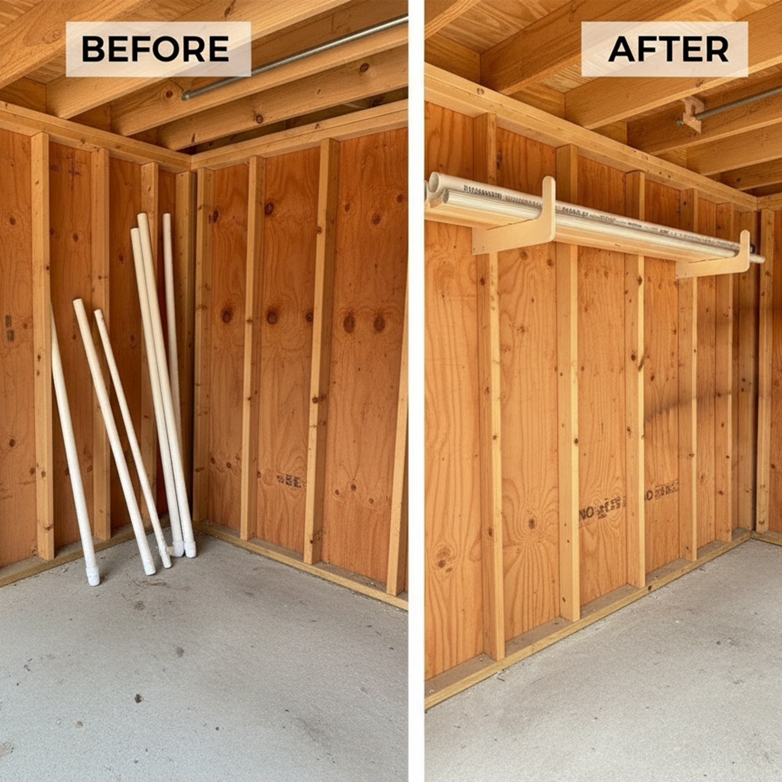 Before and after comparison showing PVC pipes leaning against the inside an unfinished shed versus neatly organized on the stud-mounted storage organizer rack.