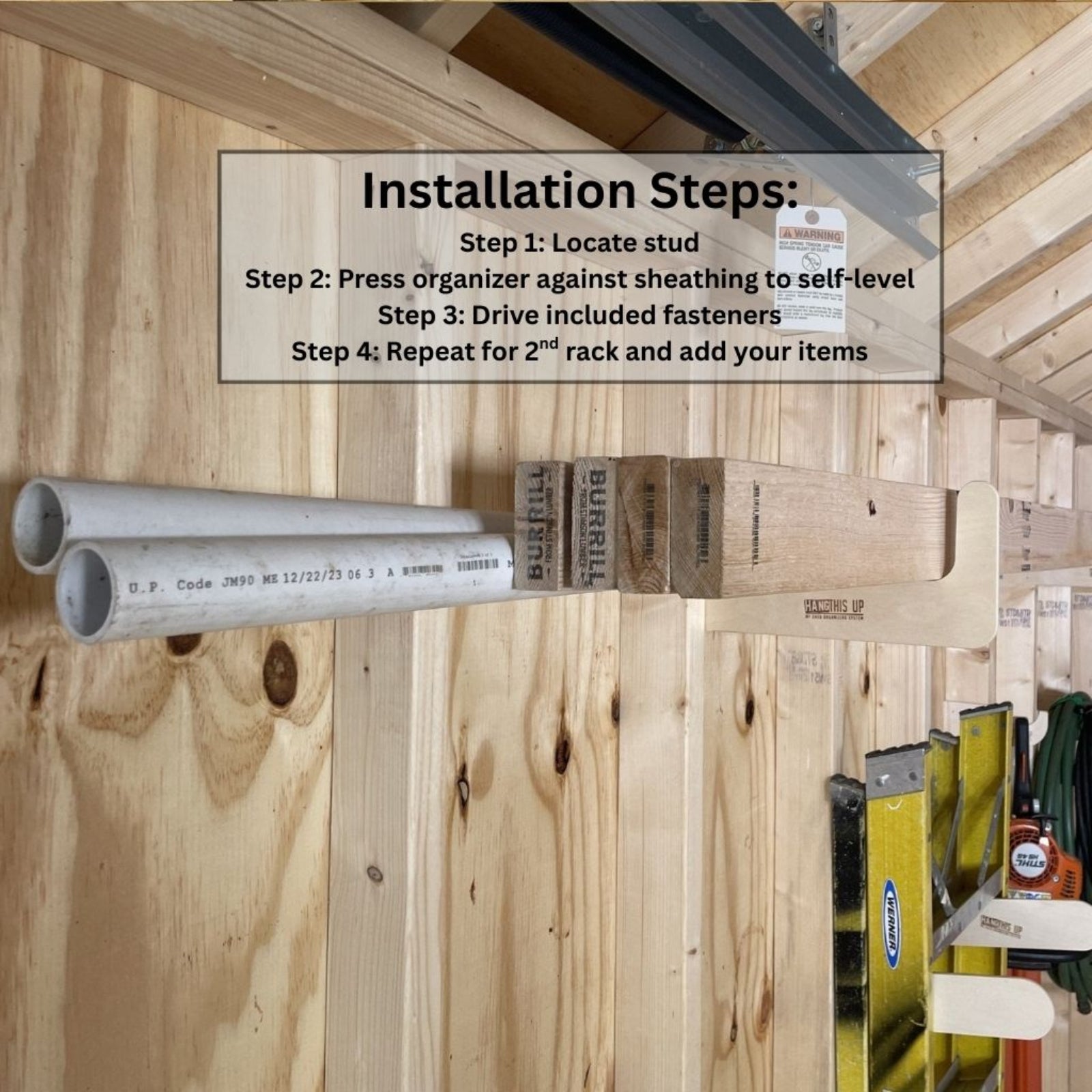 Installation guide for the stud-mounted storage organizer rack showing four steps: locate studs, position organizer, drive fasteners, repeat for second rack, and add your items.