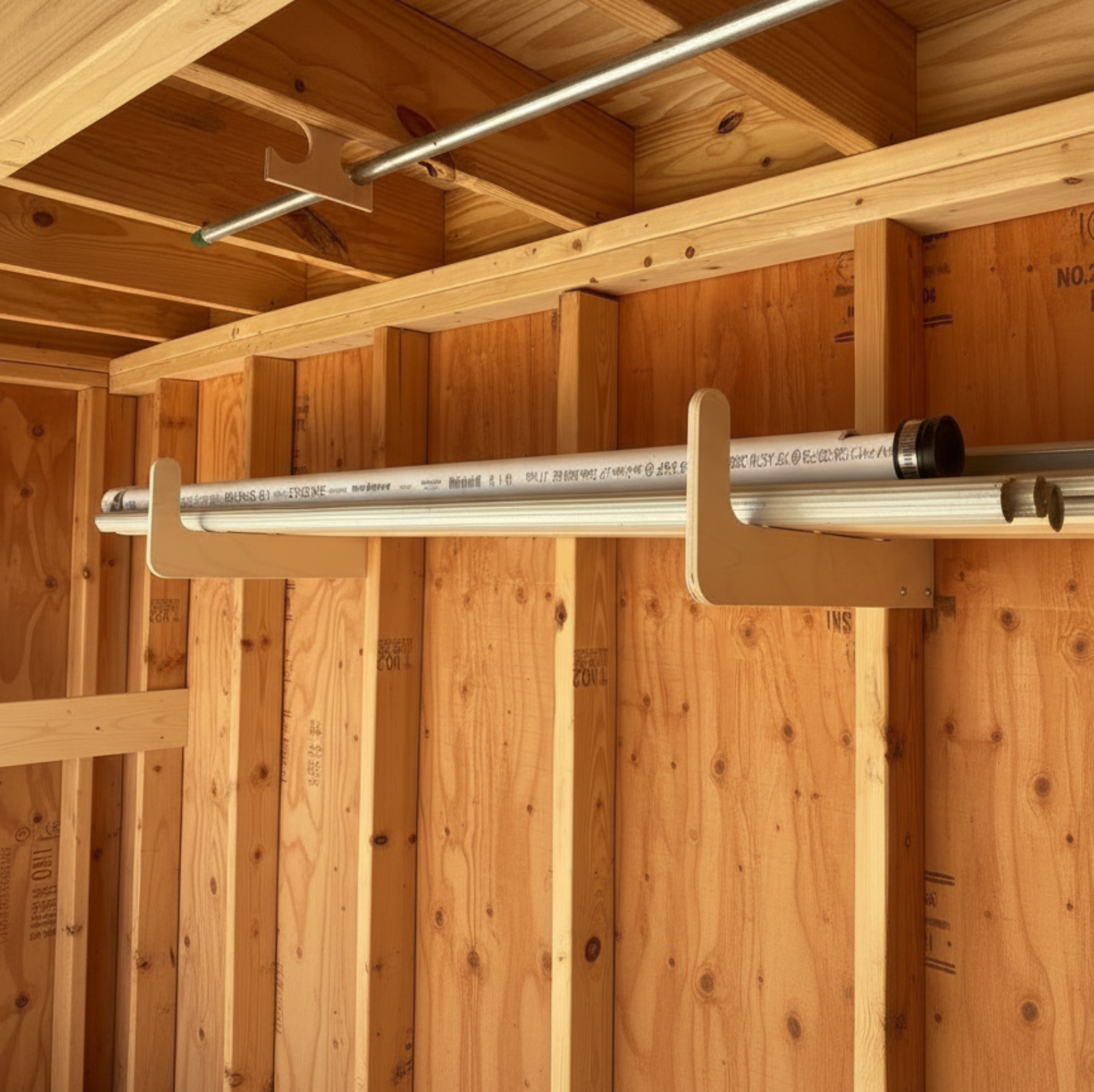Stud-mounted storage organizer rack holding multiple long PVC and aluminum pipes neatly organized inside an unfinished shed.