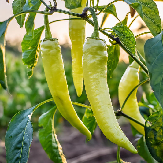 sweet banana peppers on a plant in the sun