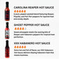 Pepper Joe's Tour of Heat hot sauce gift box sauces that includes one bottle each of Ghost Pepper, XXX Habanero,  and Carolina Reaper with descriptions beside each bottle with flavor notes and indicating heat level for all three sauces.
