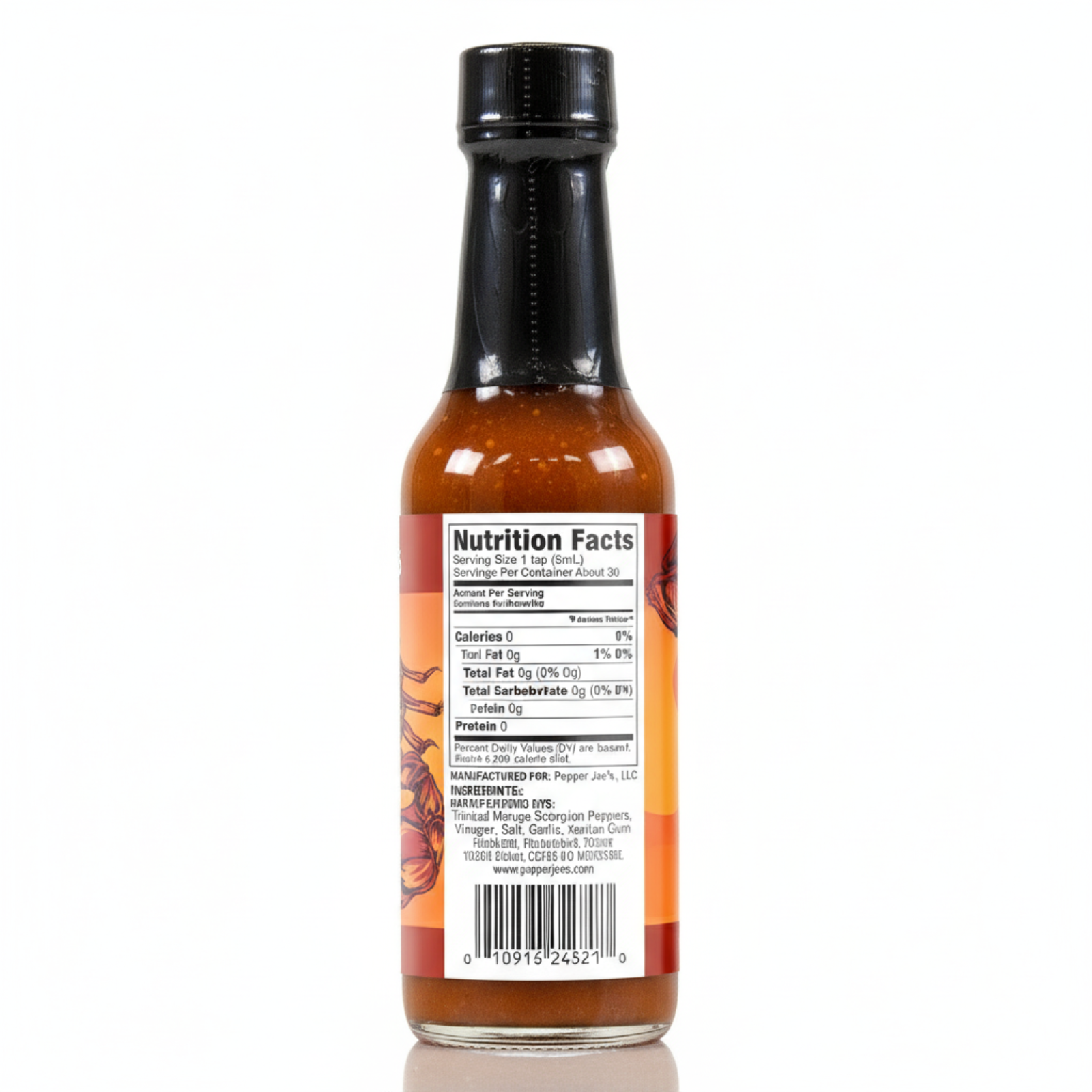 Back label of Trinidad Moruga Scorpion Hot Sauce bottle showing ingredients and nutrition facts