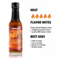 Trinidad Moruga Scorpion Hot Sauce heat and flavor infographic showing heat level 5 of 5 with fruity ghost pepper heat, stinging Scorpion fire, and earthy New Mexico green chile flavor notes, suggesting best uses on chili, wings, tacos, eggs, ramen, noodles, and grilled meats.