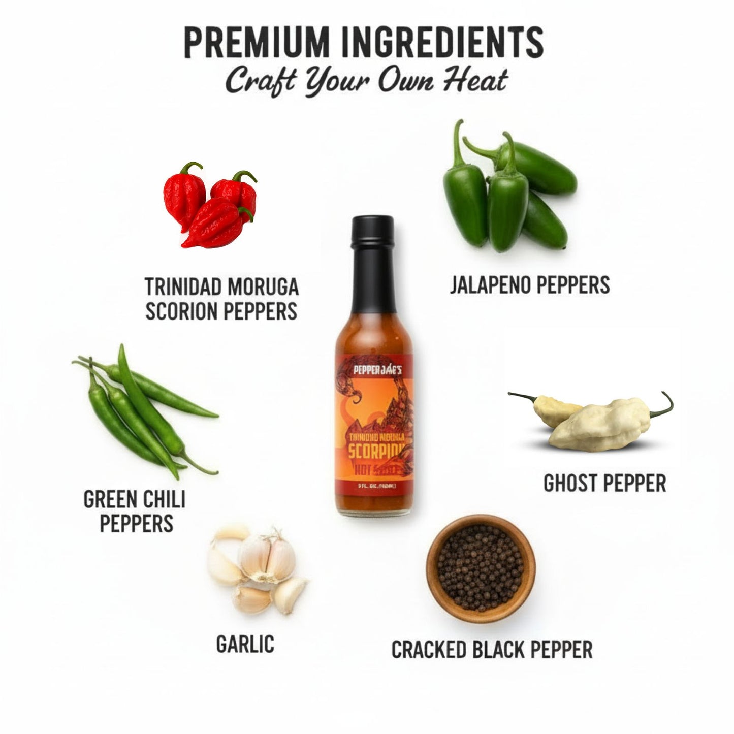 Trinidad Moruga Scorpion Hot Sauce bottle surrounded by fresh premium ingredients like trinidad moruga scorpion pepperse, jalapeno peppers, New Mexican green chilies, ghost peppers, and spices used to make the sauce.