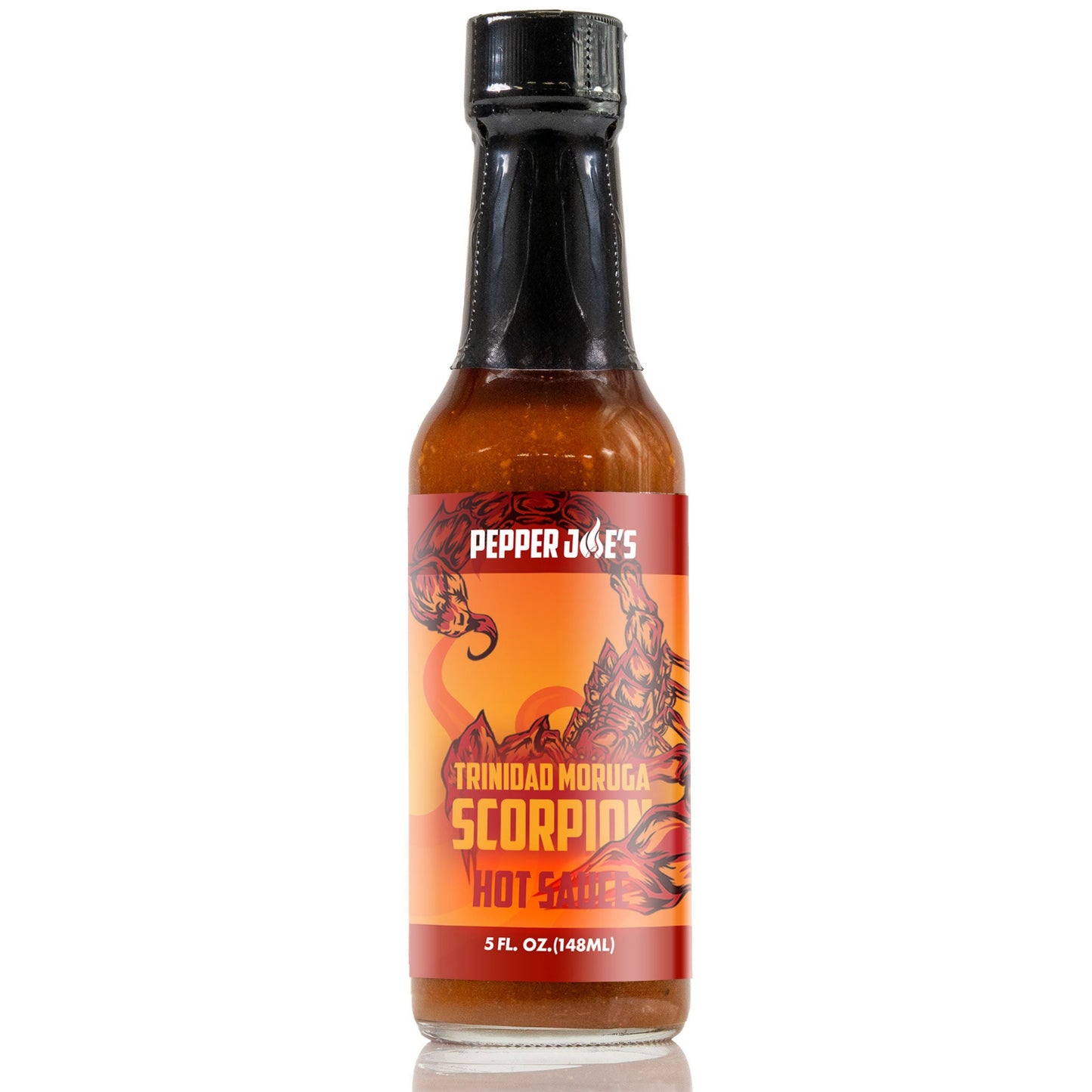 Bottle of Pepper Joe's Trinidad Moruga Scorpion hot sauce on a white background