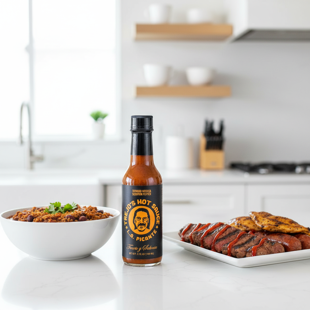 Trindad Moruga Scorpion Pepper Hot Sauce bottle on a white kitchen counter beside a bowl of chili and a plate of grilled meats drizzled with spicy hot sauce.