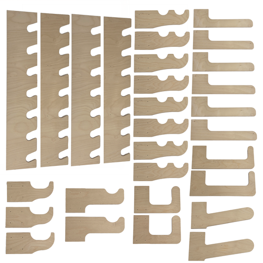 Items included in the Ultimate Shed Organization kit organized neatly on a white background.