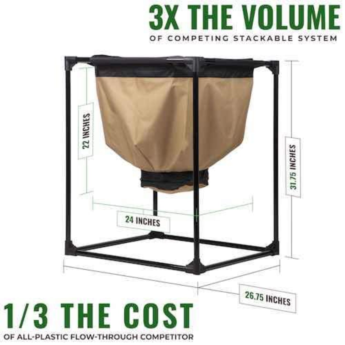 Urban Worm with dimensions and text highlighting volume and cost comparison of 3 times the volume of competing stackable system and one third the cost.

Frame Dimensions: 26.75 inches wide by 31.75 inches tall

Worm Bag Dimensions: 24 inches wide by 22 inches tall