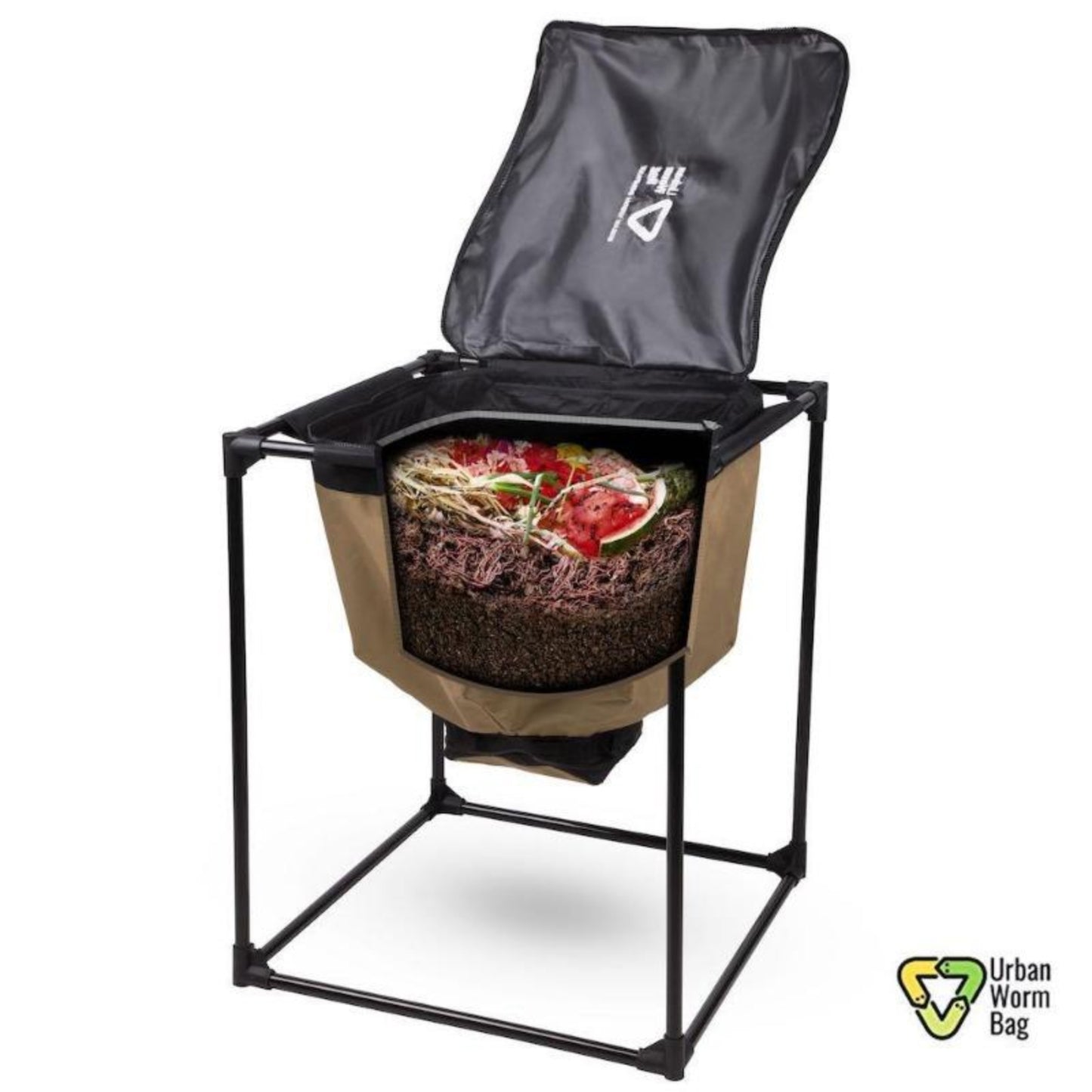 Urban Worm Bag with part of the side removed to show food waste and compost inside the bag on a white background.