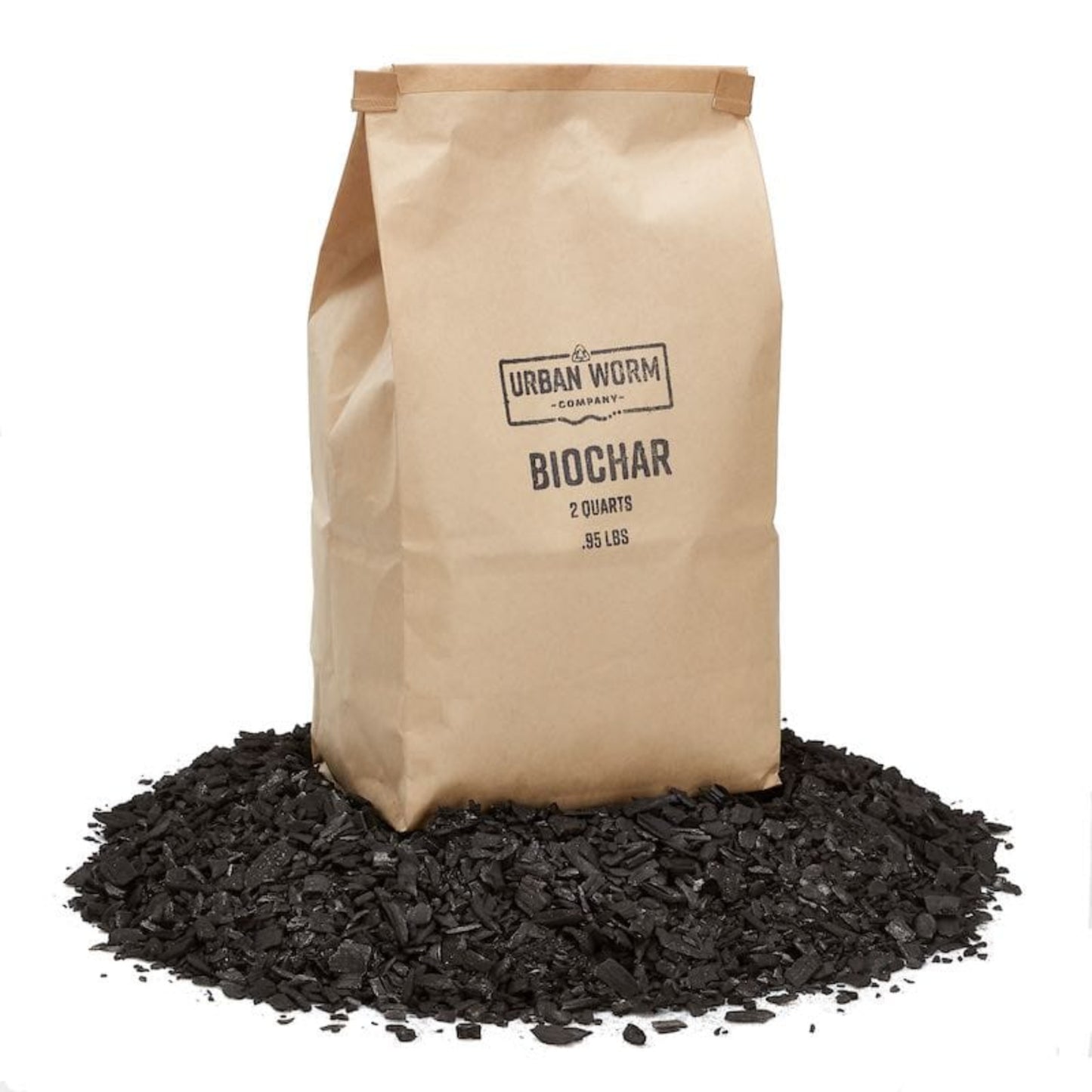 Bag of Urban Worm Company Biochar sitting on a small pile of Biochar on a white background.