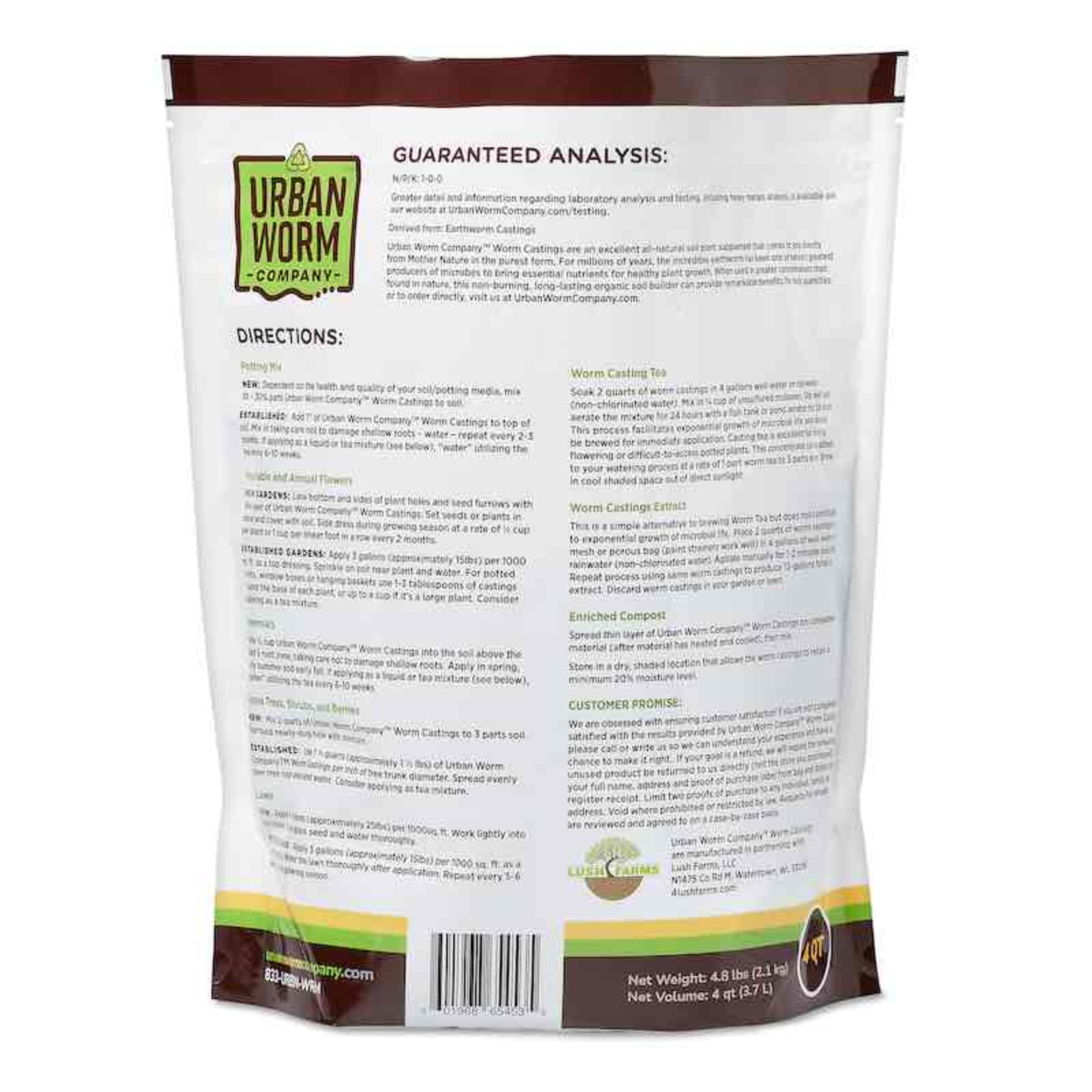 Back view of a package from the Urban Worm Castings bag on a white background.