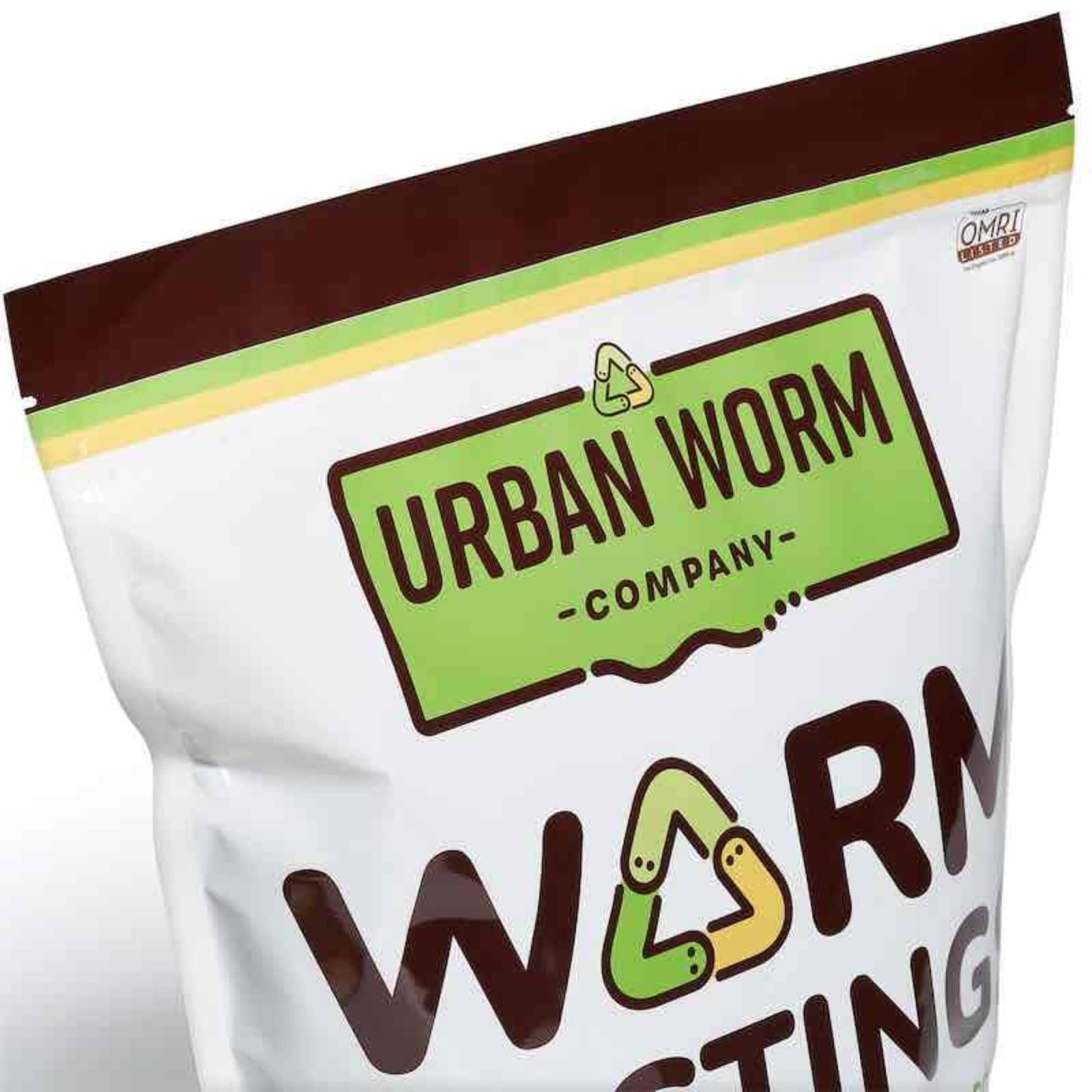 Closeup of a bag of Urban Worm Company worm castings on a white background
