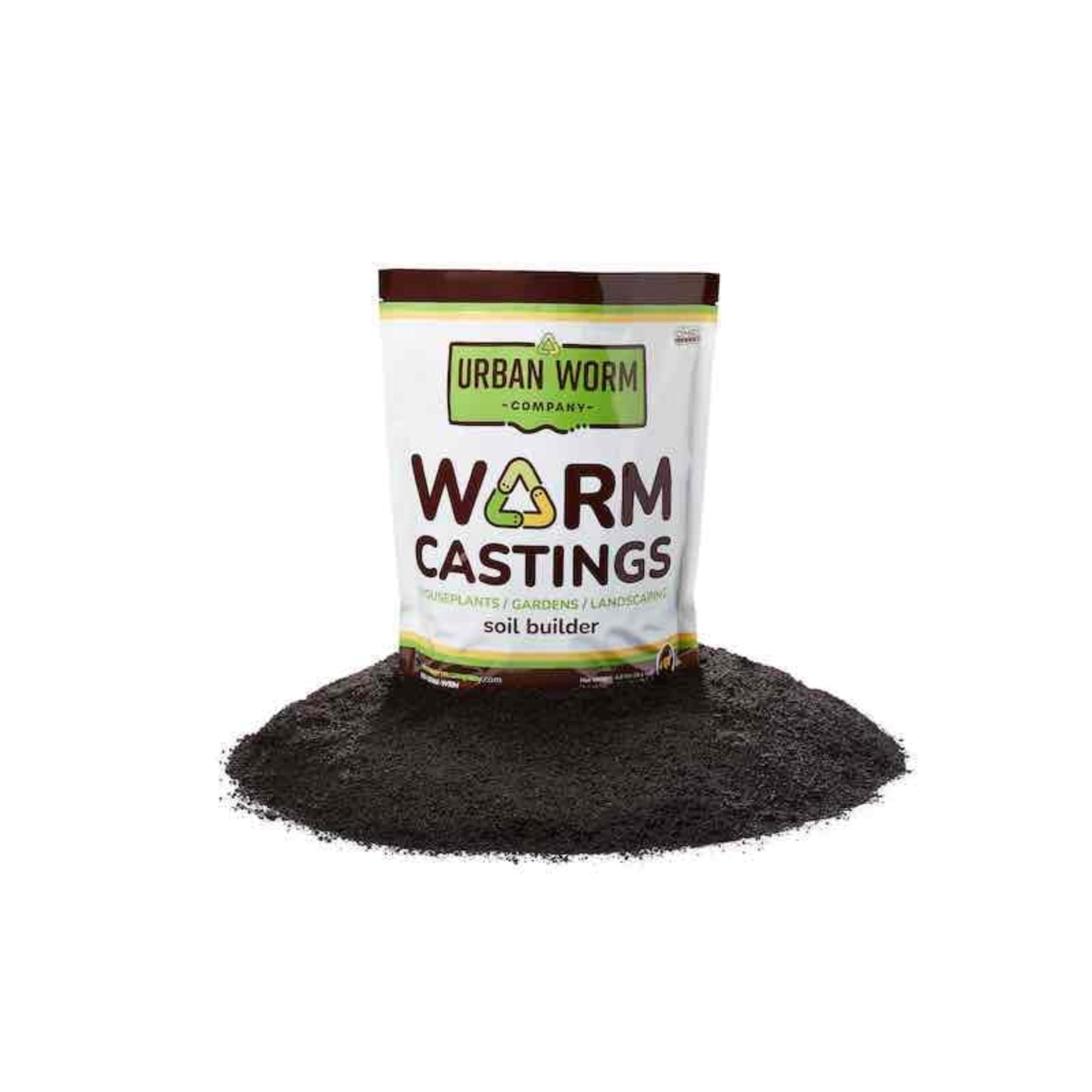 Bag of Urban Worm Company Worm Castings sitting on a pile of castings on a white background