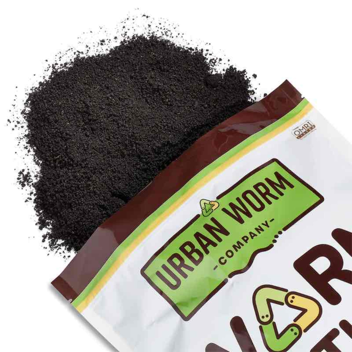 Bag of Urban Worm Company worm castings spilling out on a white background