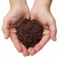 Two hands holding a small amount of coco coir against a white background