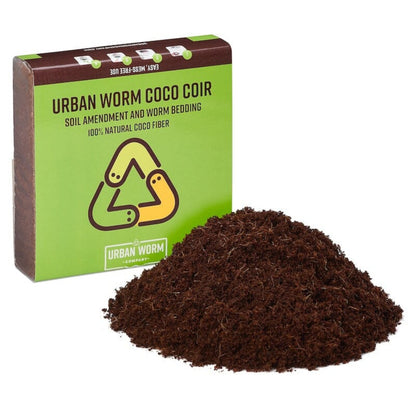 Single brick of Urban Worm Coco Coir with a pile of coco coir on a white background