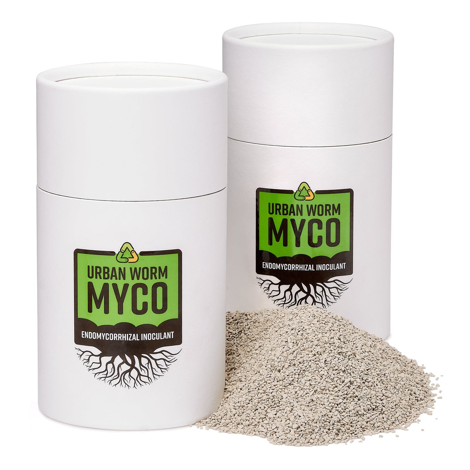 Two white containers labeled 'Urban Worm Myco' sitting on a small pile of myco powder on a white background.