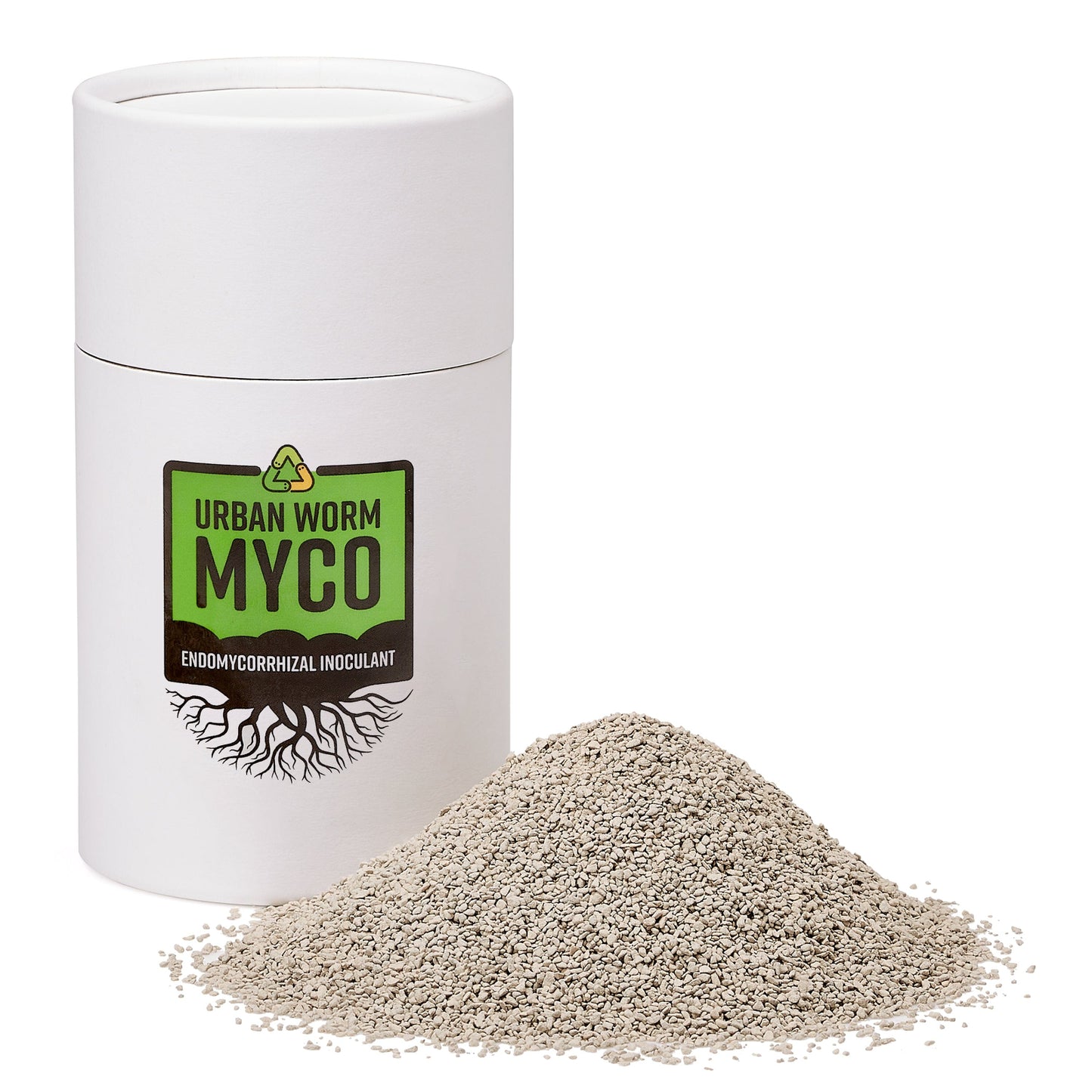 White container labeled 'Urban Worm Myco' with a pile of mycorrhizal inoculant on a white background