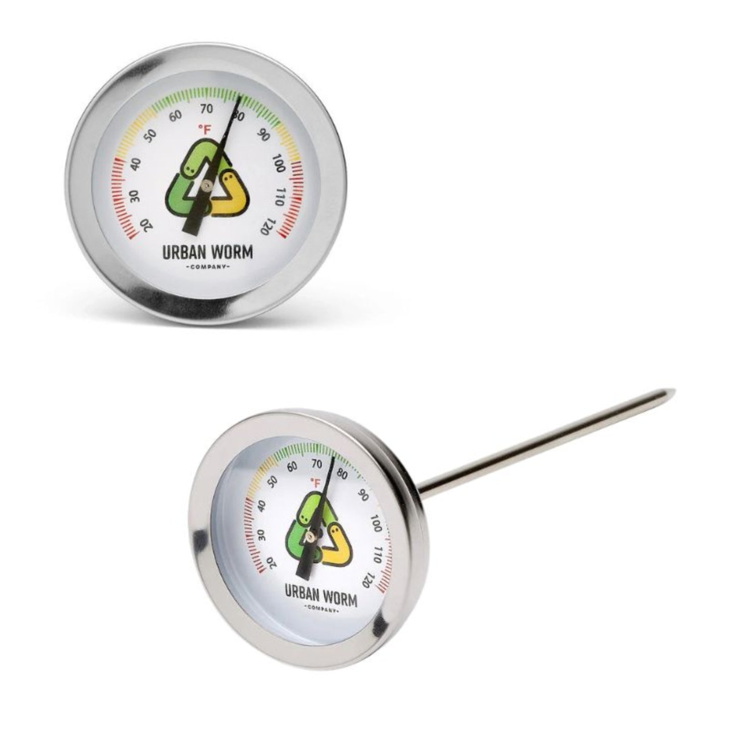 Two Urban Worm thermometers on a white background