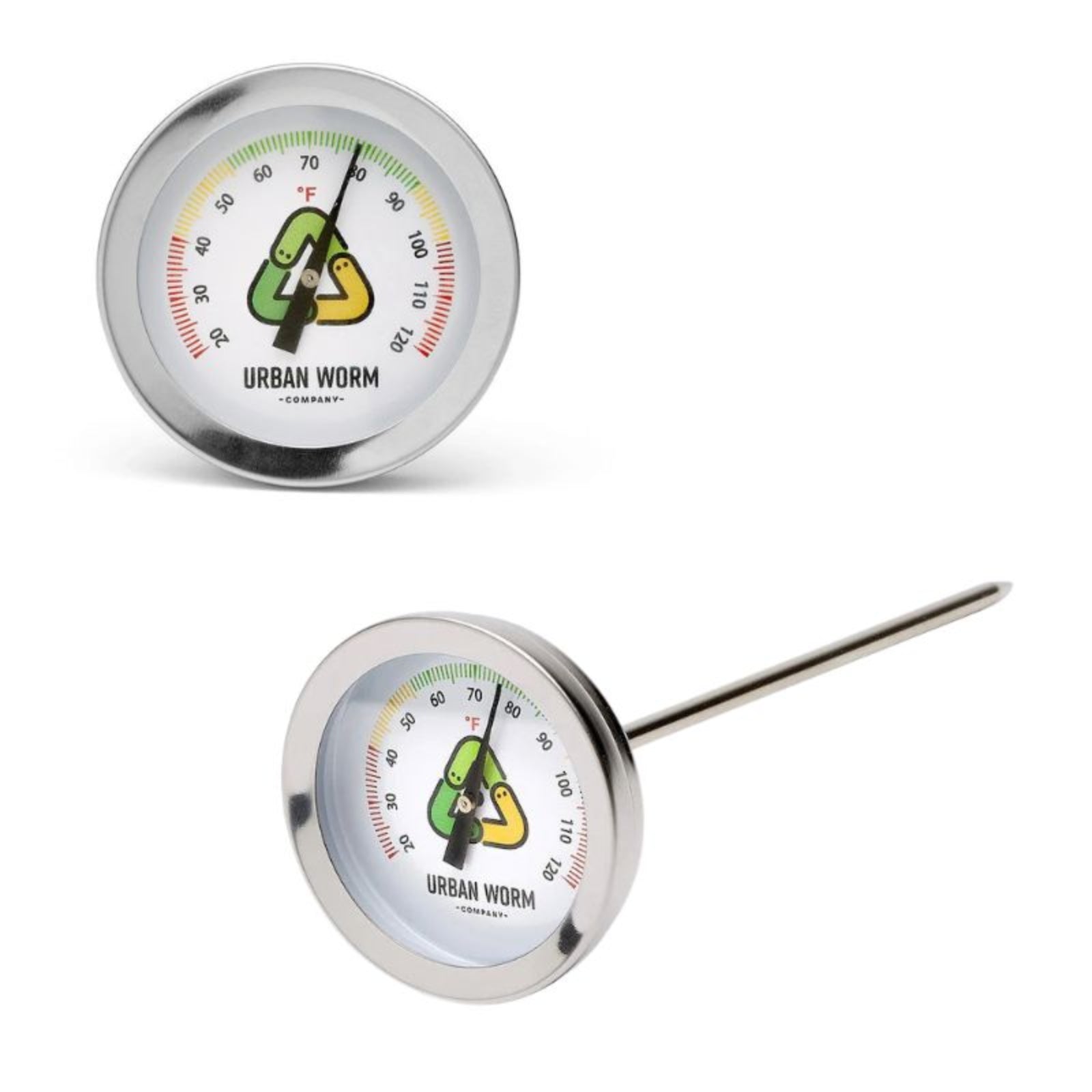 Two Urban Worm thermometers on a white background