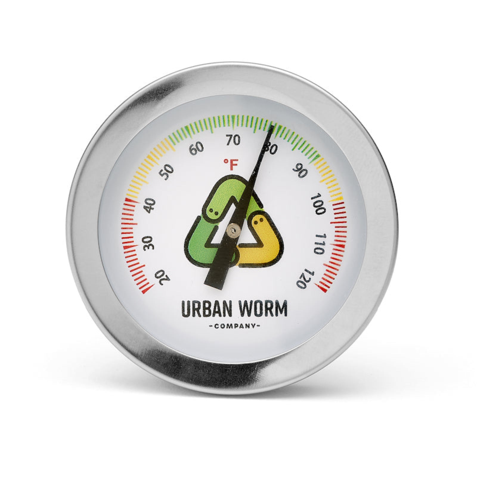 Thermometer with 'Urban Worm Company' logo on a white background zoomed in close to the face of the thermometer.