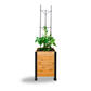 Wooden planter with a plant and vegetable cage on a white background