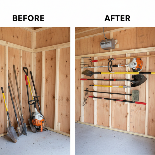 Before and after comparison showing garden tools cluttering the floor inside an unfinished shed versus neatly organized on the stud-mounted vertical garden tool organizer rack.