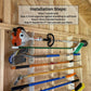 Installation guide for the stud-mounted vertical garden tool organizer showing four steps: locate studs, position organizer, drive fasteners, repeat with second rack, and add your items.