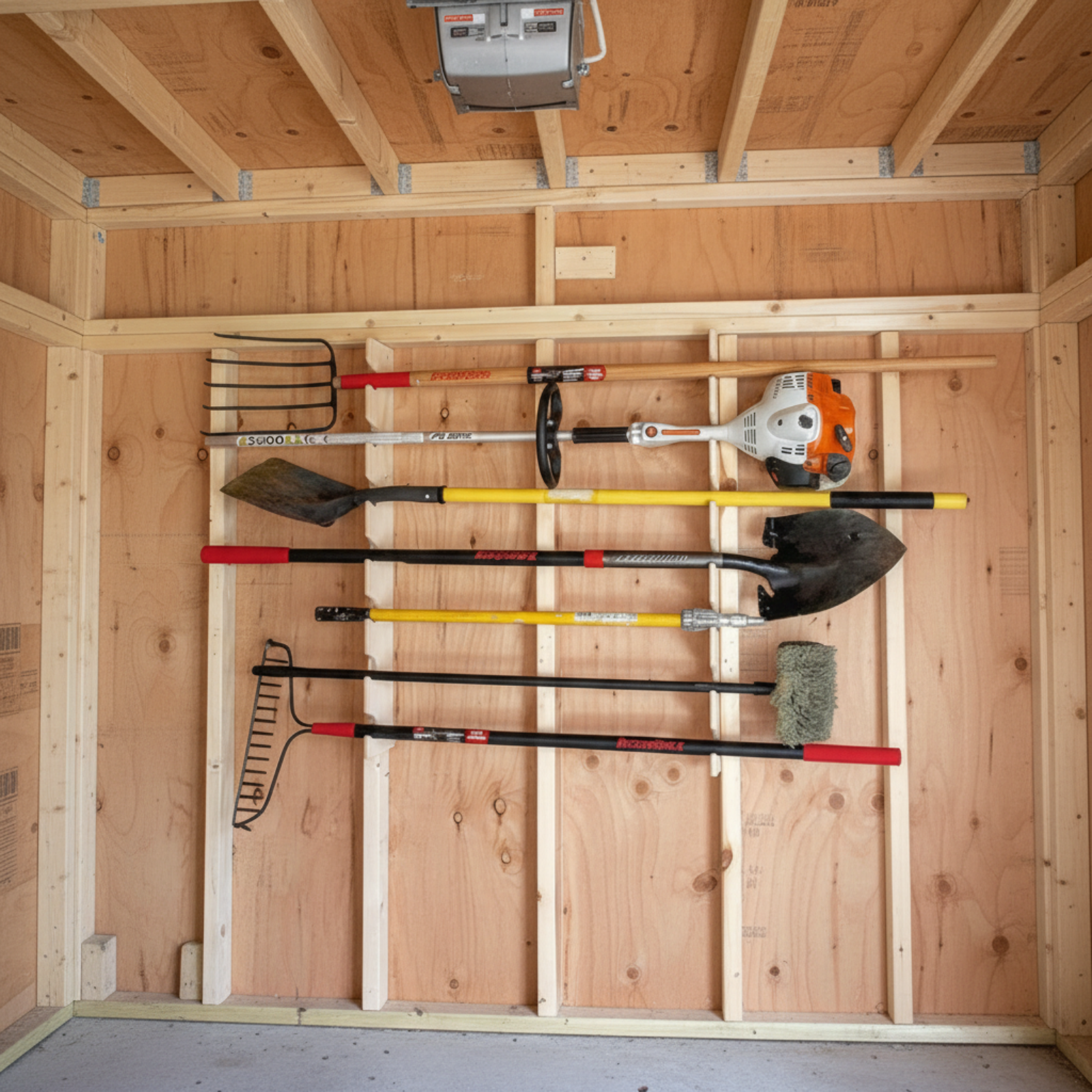 Stud-mounted vertical garden tool organizer rack holding multiple garden tools, neatly organized inside an unfinished shed.