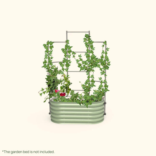 Wall Trellis system VWT35 for raised garden beds installed in a raised garden on a white background.