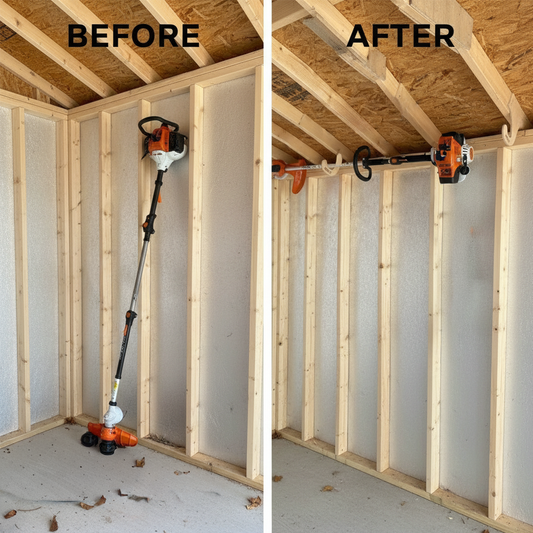 Before and after comparison showing a weed whacker sitting on the floor inside an unfinished shed versus the weed whacker suspended from the ceiling on the stud-mounted weed whacker organization rack.