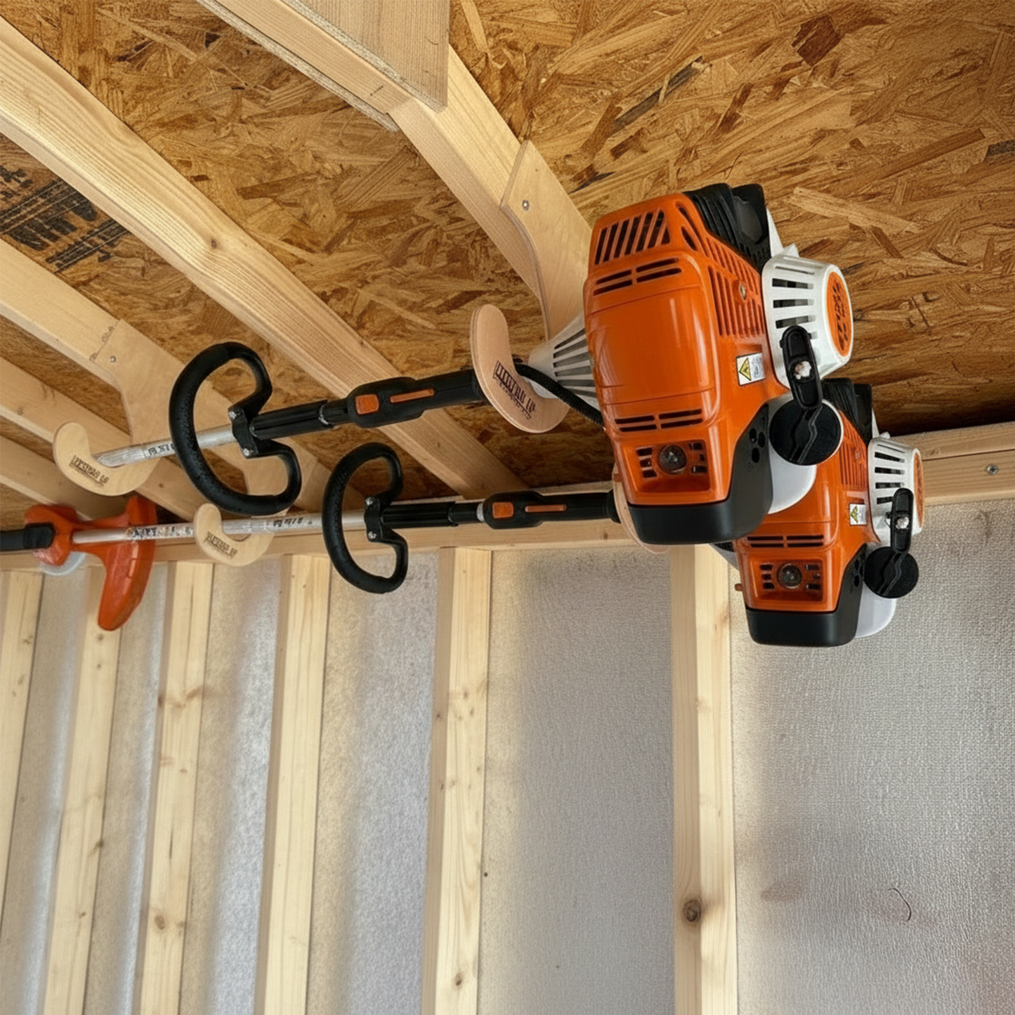 Stud-mounted weed whacker organization rack holding a weed whacker installed on an unfinished shed ceiling. 