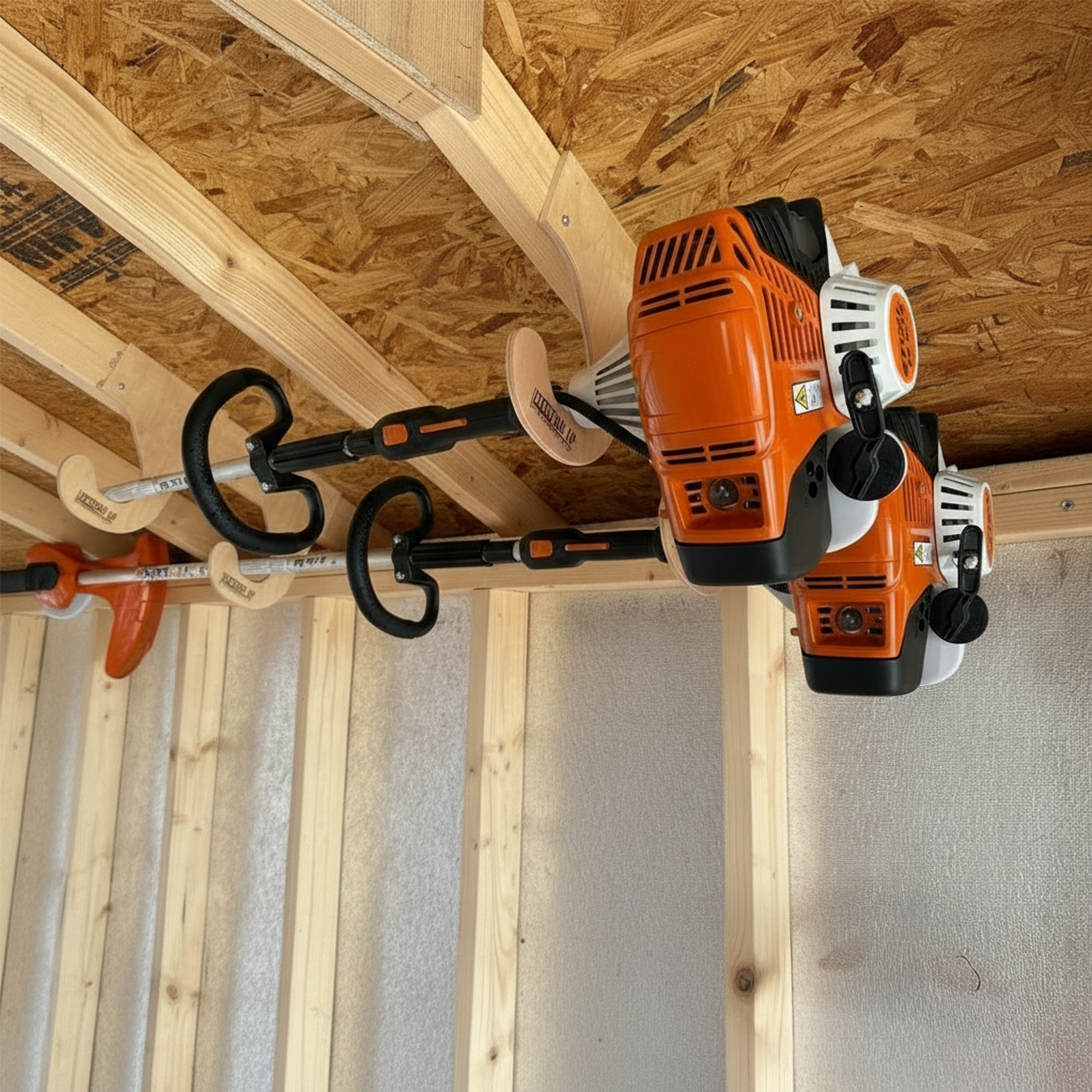 Stud-mounted weed whacker organization rack holding a weed whacker installed on an unfinished shed ceiling. 