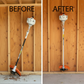 Before and after comparison showing a weed whacker sitting on the floor leaning against the wall inside an unfinished shed versus neatly organized on the stud-mounted weed whacker organization rack.