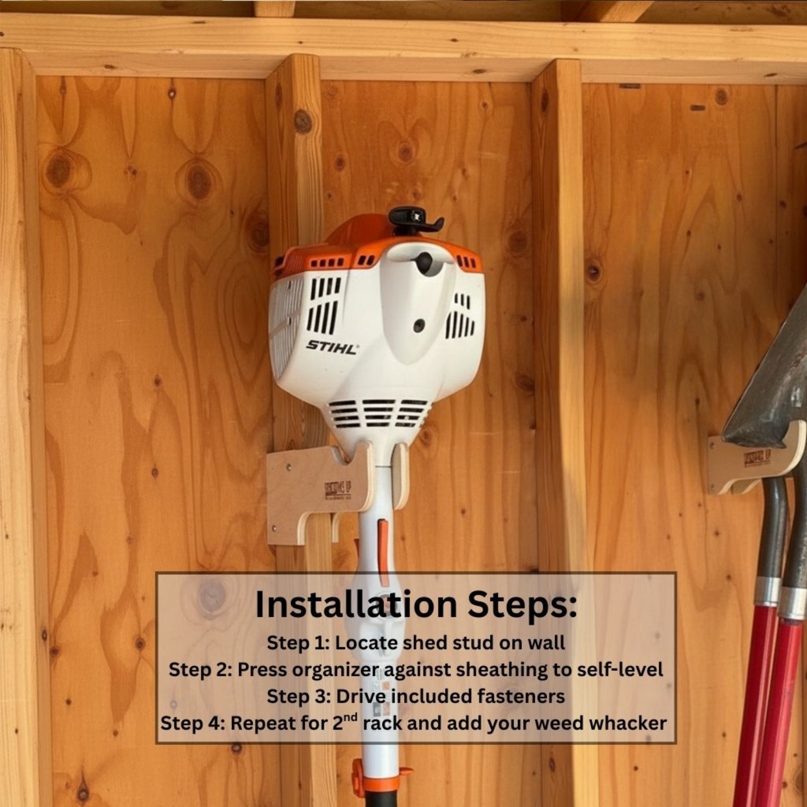 Installation guide for the stud-mounted weed whacker organizer showing four steps: locate studs, position organizer, drive fasteners, repeat for 2nd rack, and add weed whacker.