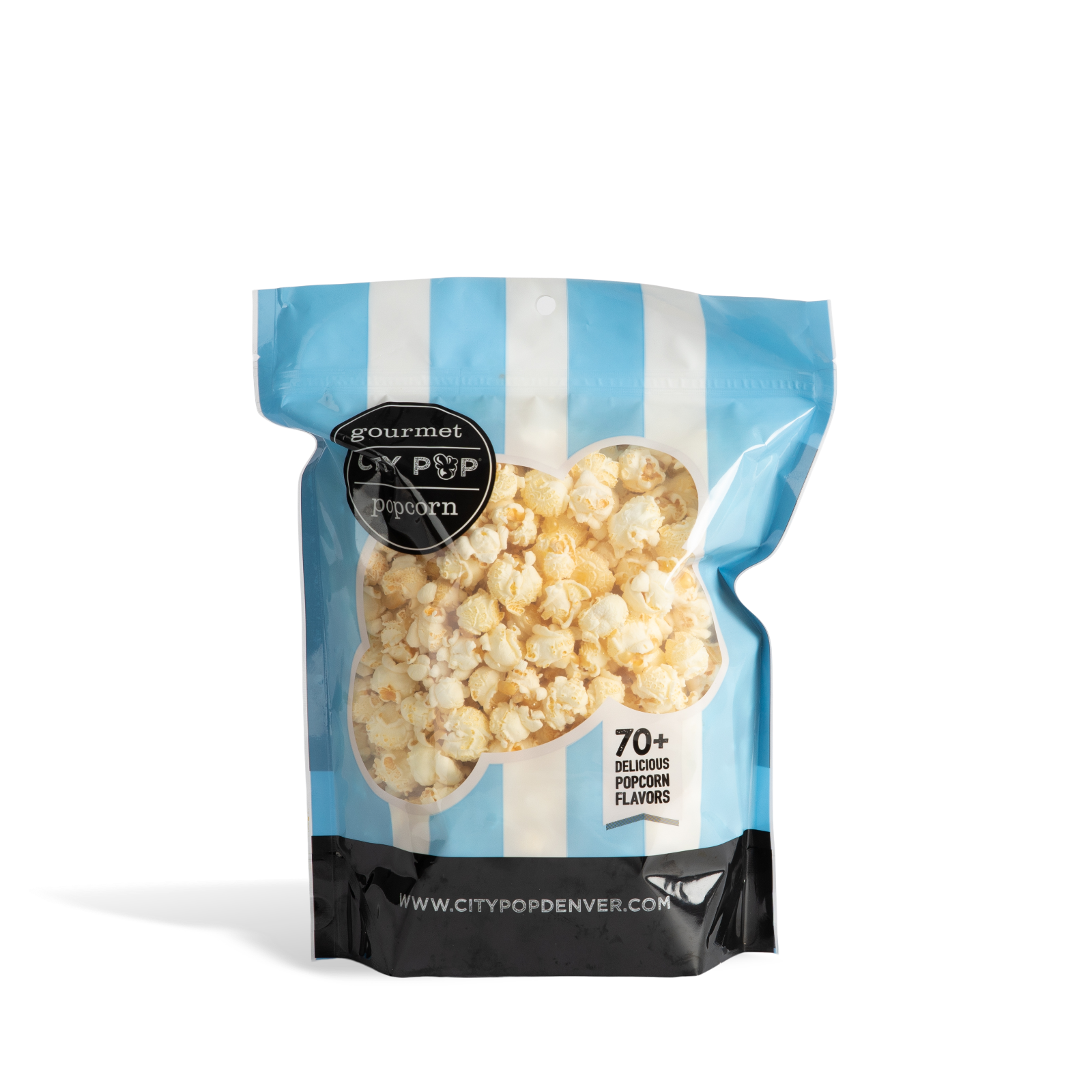 Bag of City Pop White Cheddar popcorn with blue and white striped design on a white background