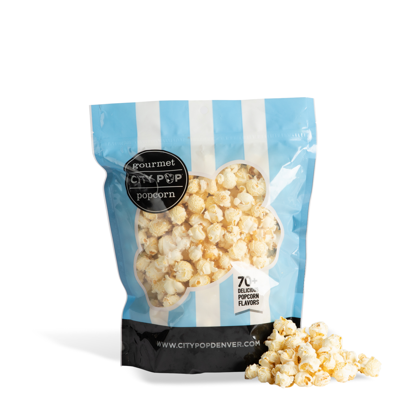 Bag of City Pop White Cheddar popcorn with visible branding on a white background