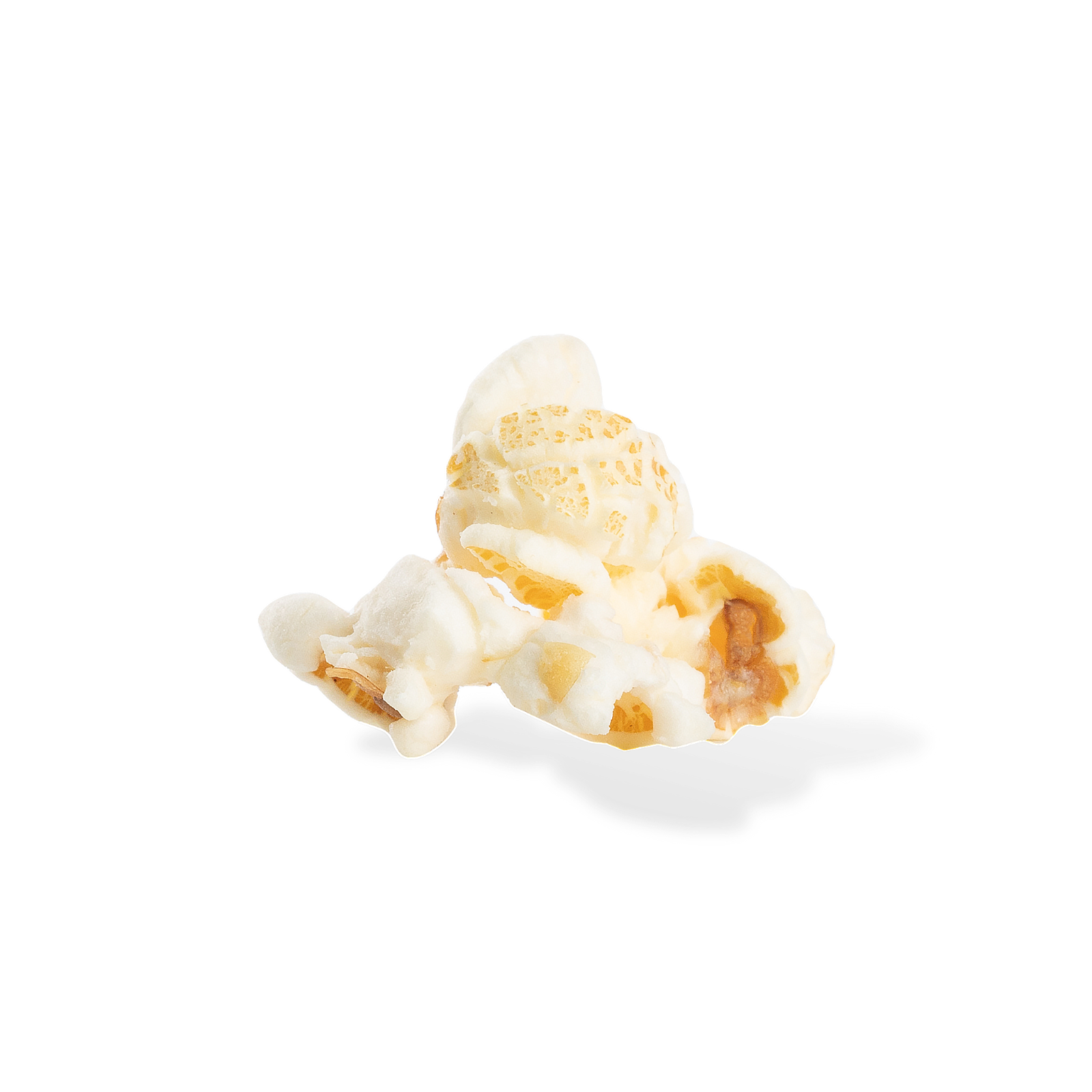 Three pieces of White Cheddar popcorn on a white background